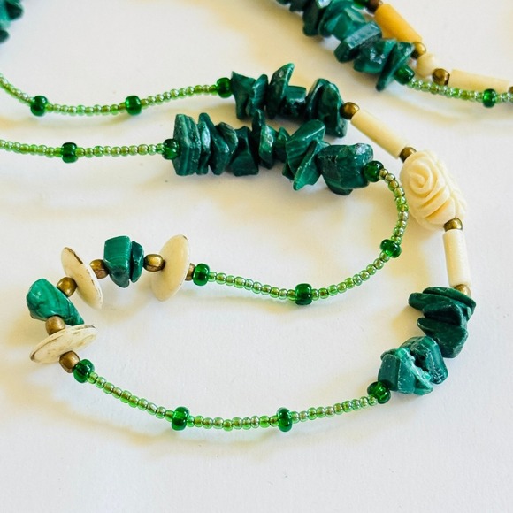VTG Green Malachite Stone Beaded Necklace brass beads Natural Genuine strand 50" - Picture 5 of 8